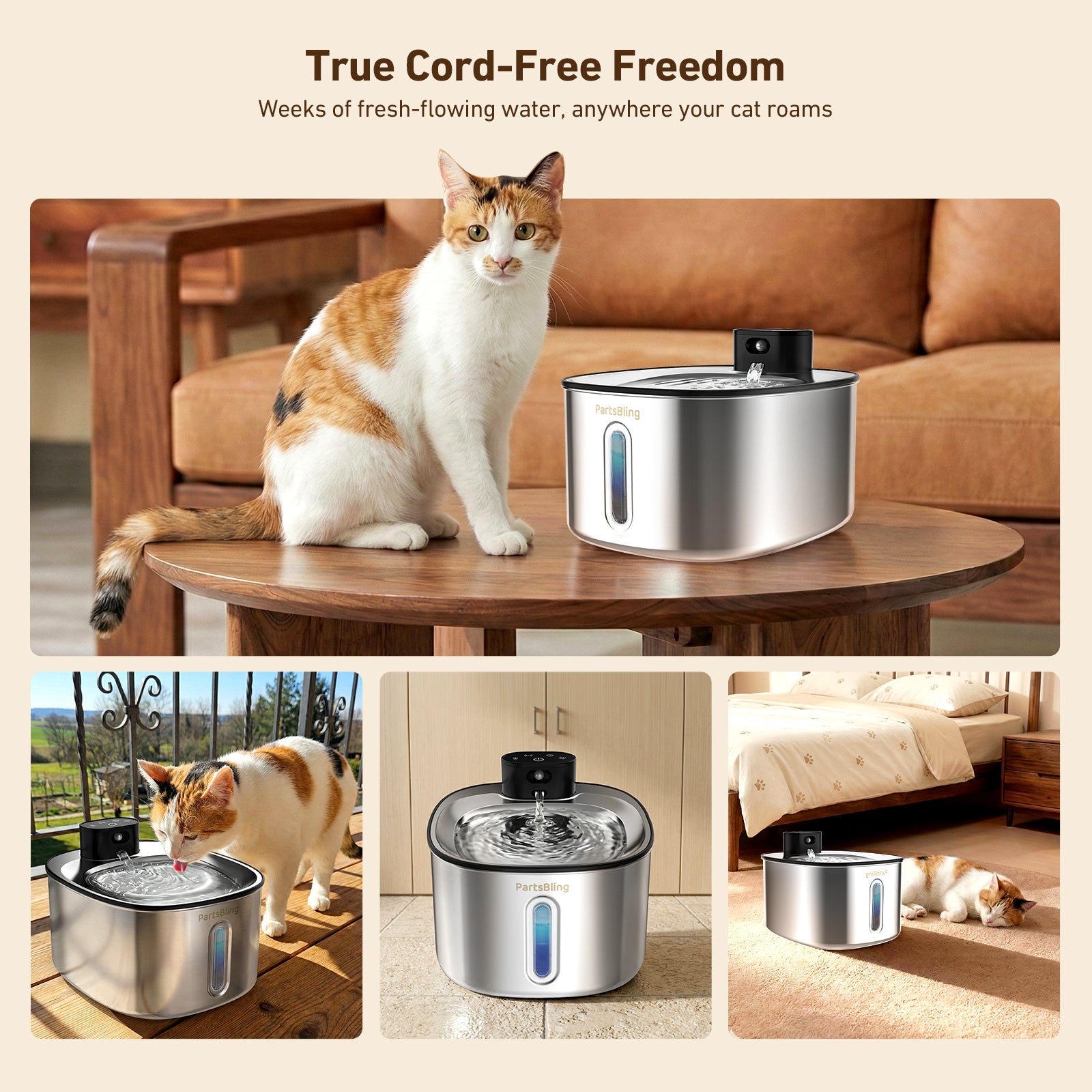 4.2L Cordless Cat Water Fountain - Wireless Stainless Steel Pet Auto Dispenser for Cats & Dogs