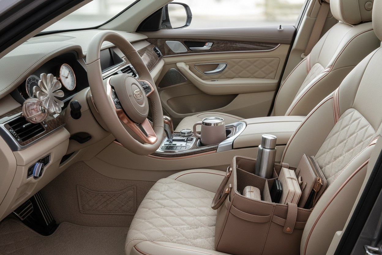 Confident woman driver with safety accessories