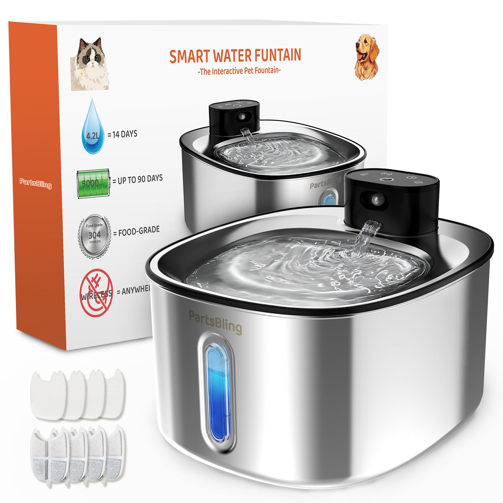 4.2L Cordless Cat Water Fountain - Wireless Stainless Steel Pet Auto Dispenser for Cats & Dogs