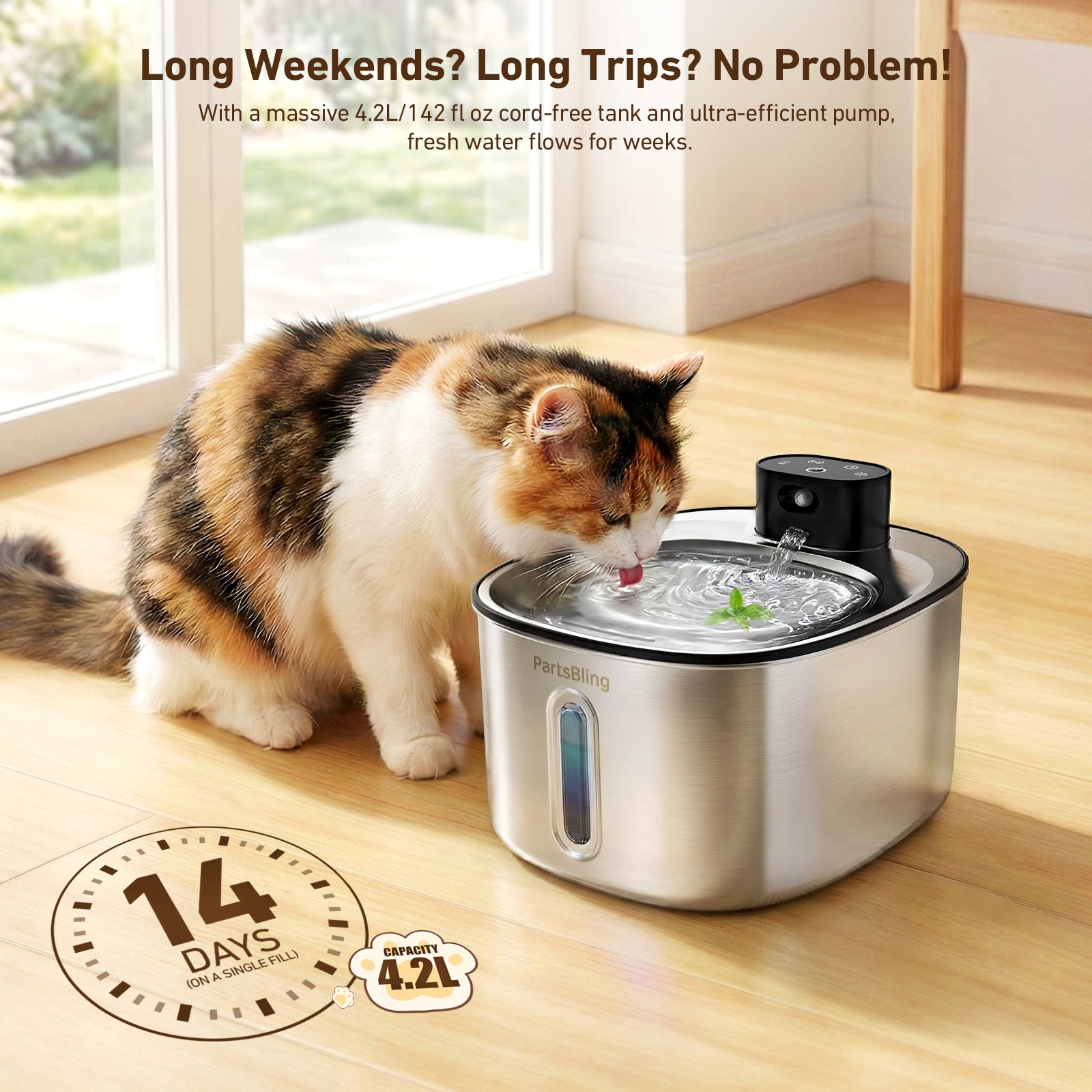 4.2L Cordless Cat Water Fountain - Wireless Stainless Steel Pet Auto Dispenser for Cats & Dogs